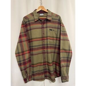Columbia Mens Plaid Flannel Button Down Shirt Olive Green Burgundy Size M